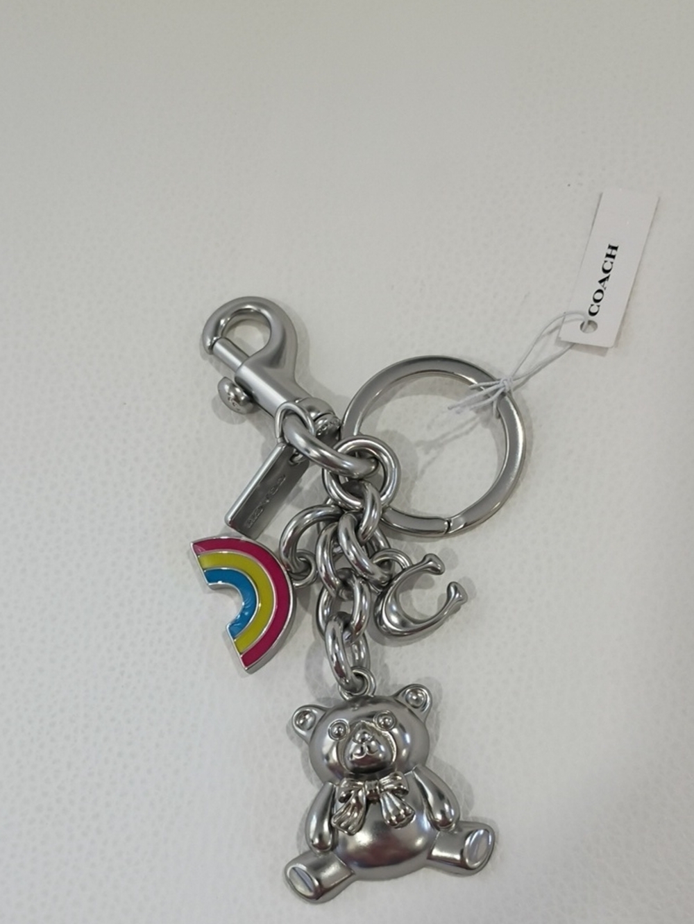 Coach Silver-Tone Teddy Bear Bag/Key Charm with Multicolor Rainbow